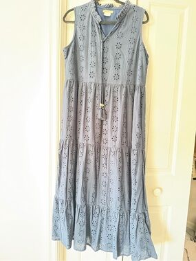 Sleeveless Light Blue Eyelet Tiered Maxi Dress with Tassel Tie